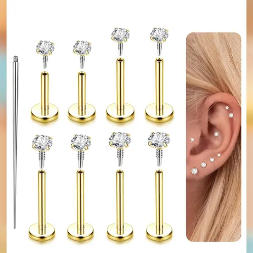 LOLIAS 14 Karat Gold Plated Flat Back Ear Studs - 316L Stainless Steel Internal Thread CZ Studs, 16G-18G Hypoallergenic Jewelry for Nose Piercing, Vertical Helix Earrings, Stainless Steel Jewelry