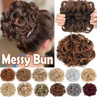 90G Short Messy Curly Hair Bun Extension Easy Stretch Synthetic Hair Combs Clip In Ponytail Extension Scrunchie Chignon Ponytail Hairpieces, Clip On Ponytails, Hair Extensions Ponytail