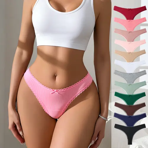 Hotcom Women's Seamless Lace Thongs (5/7/10/12 Pack), Soft Breathable Cotton Spandex Knickers, Floral Design, Contrast Lace Trim, Seamless Crotch, Minimalist Everyday Lingerie, M,clothes for back to school,first day of school outfits sohochic