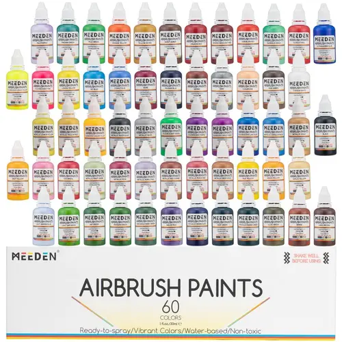 MEEDEN Multifunctional Airbrush Paint Set - 60 Colorful 30 ml Bottle Assortment with Fluorescent & Metallic Shades, Arts Crafts Supplies for DIY Art Set, Multipurpose Painting Tools