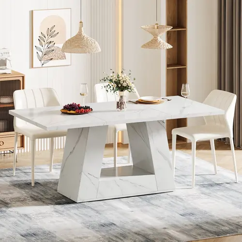 Spaco 63 Inch Modern Design Rectangular Dining Table - Faux Marble & Wood Kitchen Table with Sturdy Base, Seats 4-6, for Dining Room & Living Room