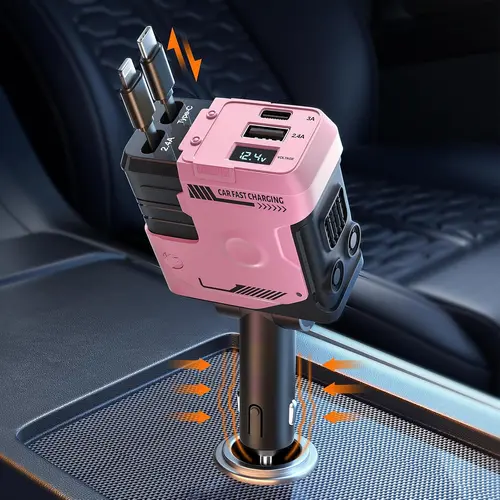 4-in-1  car charger USB C Fast Charging Adapter Ultra-fast charging 31.5 Inch Range Retractable Charger Lightning Cable 2 retractable cables