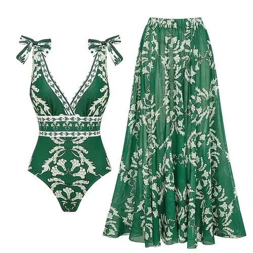 FLAXMAKER Women's V neck Green Print One Piece Swimsuit and Matching Cover Skirt Set Summer Swimdress Tummy Control Bathing Suit Stylish Beachwear #Summervibes outdoorfun #SwimWeek
