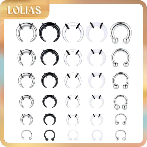 LOLIAS 16G-6G Body Piercing Kit for Adults - Plain Metal+Acrylic Mix, Internally Threaded Spike, Horseshoe Barbells, Septum Pincher Tapers, Nose Expanders - Daily Wear Accessories for Nose, Ear Cartilage