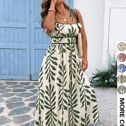 【Plus Size】 Leaf Print Cami Dress Bohemian Casual Sleeveless Spaghetti Strap Maxi Dress for Beach Holiday Vacation, Women's Plus Clothing for Summer