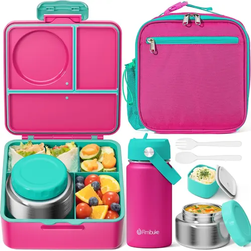 Fimibuke Glam Leakproof Insulated Bento Lunch Box - 3/4-Section ABS Bento Boxes, 8.5oz Stainless Steel Thermal Food Jar, Utensils, Sauce Container, BPA-Free, Dishwasher-Safe Tableware for Kids, Back to School Haul