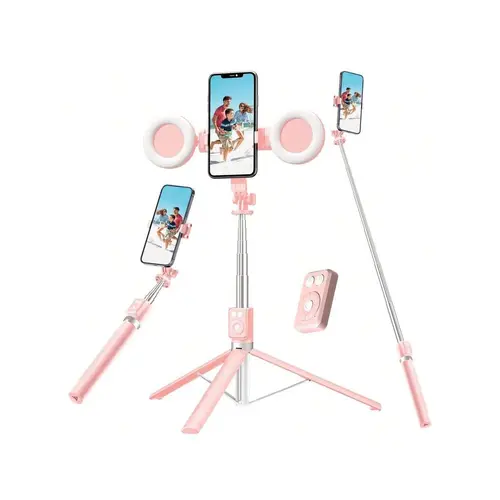 6-In-1 Adjustable Selfie Stick Tripod with Dual Fill Lights, Detachable Bluetooth Wireless Remote Control, Cable-Free Design, Portable Retractable Accessory for Smartphone, Camera Live Streaming, Photography