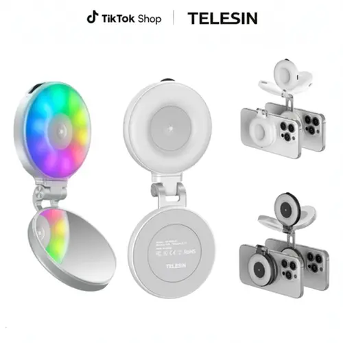 TELESIN Magnetic Selfie Light with Magnetic Ring Included, 3-in-1 MagSafe LED Ring Light for iPhone & Android, 360° Rotatable Makeup Mirror Light with Phone Stand, Rechargeable Vlog Light for Live Streaming