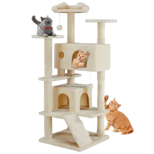 Sweetcrispy 54in Tall Cat Tree Tower for Indoor Cats - Space-Saver Vertical Scratcher with Anti-Tilt Base, Natural Sisal for Claws, Multi-Level Play Area, Stable Pet Furniture, Large Condo, Climbing Ladder, Plush Toy