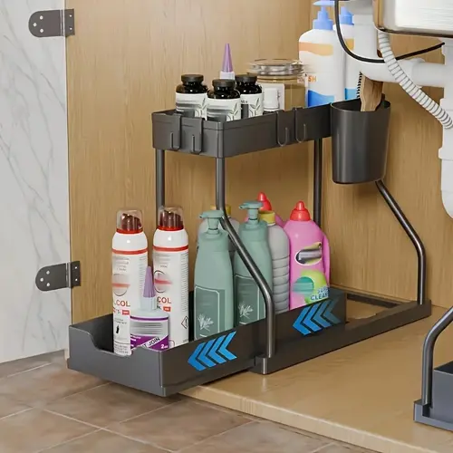2-Tier Minimalist Under Sink Organizer with Sliding Drawers, Modern Metal & Plastic Storage Rack, Bathroom Organizing Accessories for Kitchen & Bathroom Cleaning Supplies