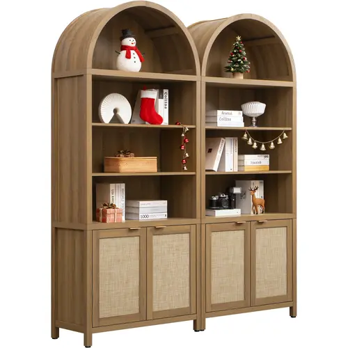 SICOTAS 84.2" Tall 5-Tier Arched Top Rattan Bookshelf with Doors - Stable Rectangle Indoor Furniture, Burr-Free Surface Feels Safe, Space-Saving Organizer for Books, Living Room/Office Use