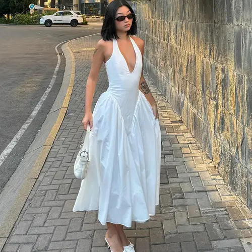 Women's Elastane-Polyester Blend Deep V-Neck Sleeveless A-Line Shape Maxi Dress, Bodycon Bust, Flowy Hem for Summer Casual, Party Evening Wear