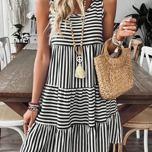 Women's Striped Ruffle Hem Sleeveless Tank Dress, Boho Chic  Casual Dress for Summer Daily Wear, Bohemian Style Sundresses, Casual Boho Fashion