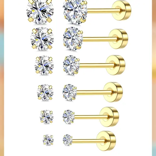 LOLIAS 18 Karat Gold Plated 5A Cubic Zirconia Threadless Flat Back Studs - Surgical Stainless Steel, Hypoallergenic, Body-Safe, Multi-Size Push Pin Cartilage Earrings for Women, Daily Wear Gold Cubic Zirconia Earrings