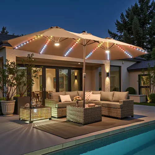 【Back To School】 Ovios 15FT Double-Sided Patio Umbrella with Dual Center Lights & 36 LED Solar Lights, Optional Coffee Table, Large Outdoor Market Umbrella with Crank Handle & Base Included for Deck, Pool & Backyard