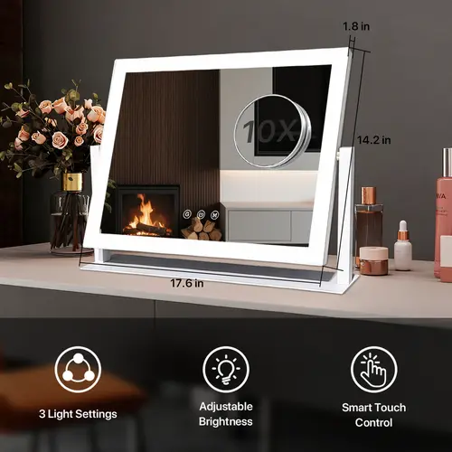 GALENTAL Classic LED Lighted Vanity Mirror - 360° Adjustable Viewing Angles, Dimmable 3 Color Modes, Touch Screen Control, Light Memory Function, Adjustable Square White Desk Mirror