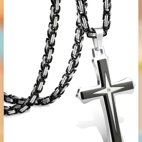 LOLIAS Men's Black 14 Karat Gold Plated Religious Cross Pendant Necklace, Corrosion-resist Stainless Steel Byzantine Chain, Faith Style Gold Cross Necklaces, 22-30in Mens Gifts