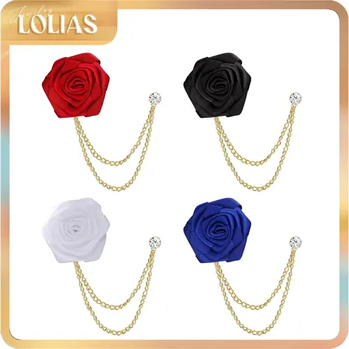 LOLIAS Men's 4PCS Vintage Handmade Satin Rose Flower Brooch Lapel Pin Set - Men's Accessories, Satin, Alloy Base, Crystal CZ Sparkle, Tassel Chain, Sturdy Refined Comfortable, Handmade Details Artisanal, Basic, Formal Events, Engagement, Groom Use