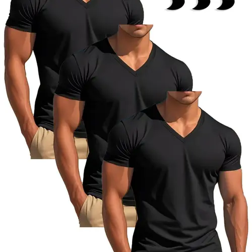 Men's Solid Plain V Neck Tee, Regular Fit Casual Short Sleeve T-shirt for Summer, Men's Top for Daily Wear, Tropical, Menswear