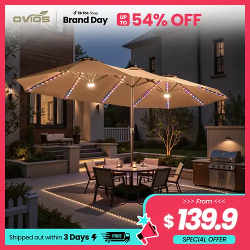 【Back To School】OVIOS 15FT Double-Sided Patio Umbrella with RGB Solar Lights & 36 LEDs, Large Rectangular Outdoor Market Umbrella with Crank Handle & Base Included for Patio, Deck, Pool & Backyard