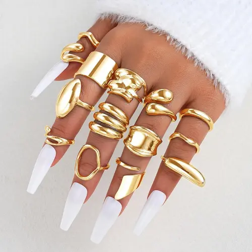 Women's 14pcs 14 Karat Gold Plated Chunky Thick Dome Stackable Open Plain Band Rings - Gold Jewelry Accessory, Multilayer Metallic Embellished Stackable Jewelry for Gifting, Multilayer Rings