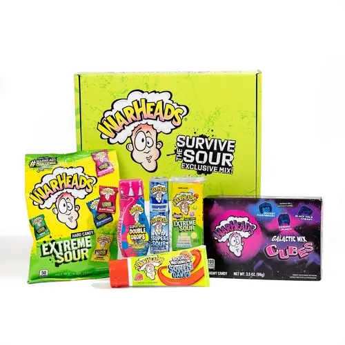 WARHEADS Survive the Sour Specialty Gift Box - 6 Extreme Sour Candies Variety Pack for Sour Seekers - Fruity Snack Sweet Bonbon