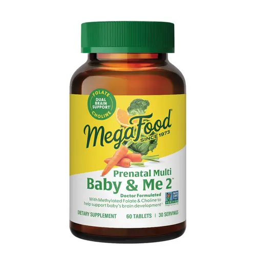 MegaFood Baby & Me 2 Prenatal Multivitamin - Doctor Formulated with Folate, Choline, Iron, & B12 for Optimal Pregnancy Nutrition. 30 Servings, B Vitamins Supplement, Mom