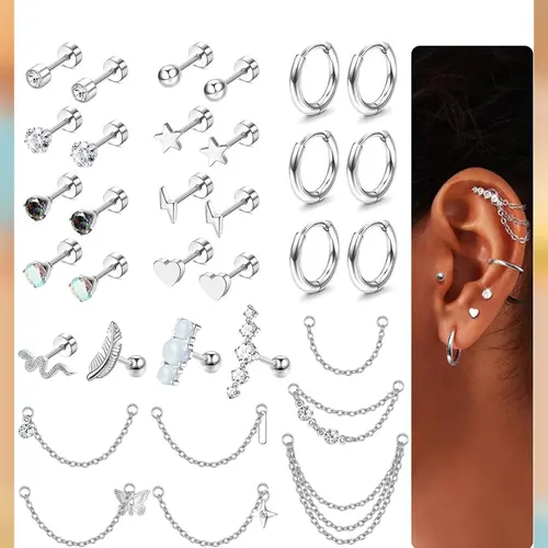 LOLIAS Women's 33Pcs 20G Surgical Steel Cartilage Earring Set - Hypoallergenic Flat Back/Push Back Studs, Hoops, 7 Chain Dangles, Trendy Iridescent Chain, CZ Opal Jewelry for Conch Piercings, Earring Stack, 10mm, Birthday Gift, Body Piercing Kit