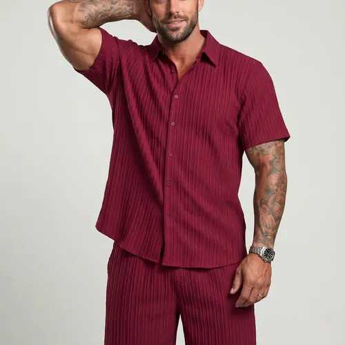 KZZ Men's 2-Piece Minimalist Classic Menswear Set, Regular Fit Solid Textured Crew Neck Button Shirt & Drawstring Waist Shorts, Gym-Casual Summer Outfits for Beach Vacation Back-to-School Gifts for Him