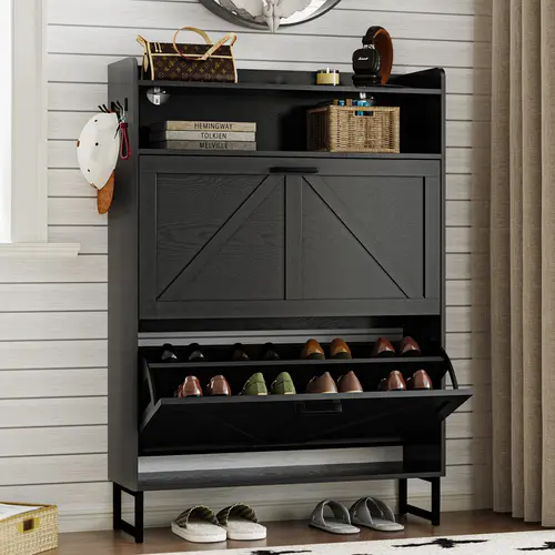 Double drawer ,Freestanding flip shoe cabinet, Slim fit wooden storage cabinet with hidden shelves | Corridor, living room, and bedroom shoe rack ,White Organiser fathers day gift ideas