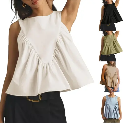 YeoKou Women's Peplum Tank Top - Minimalist Basic Breathable Stretchy Shirred Swing, Pleated Flowy Sleeveless Blouse, Loose Fit Ruffled Casual Vest