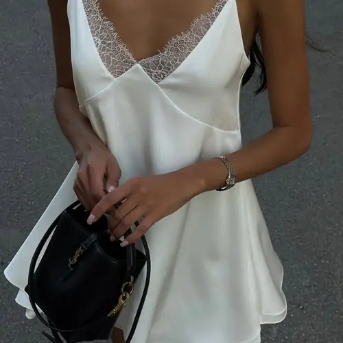 Women's Lace-Trim Cami Embellished Dress, Solid Color Sleeveless Summer Dress for Party, Club & Dating Wear