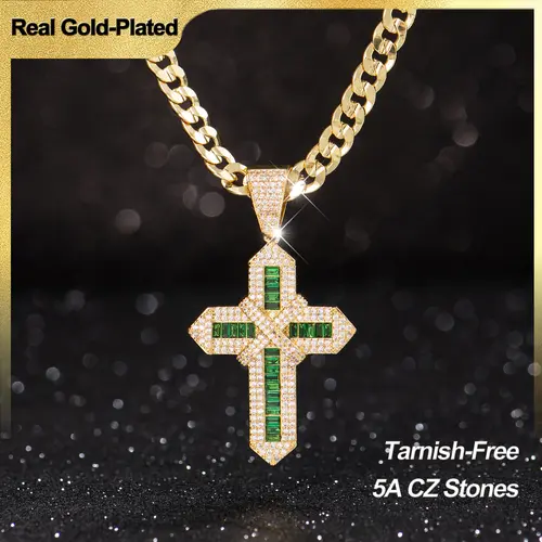 Holylegend 14K Real Gold Plated Multicolor & Green Cross Necklace for Women and Men, Tarnish-Free Iced Out Pendant with 5A CZ, Cuban and Rope Chain, Hip Hop Bling Jewelry Gift,Father's Day Gift