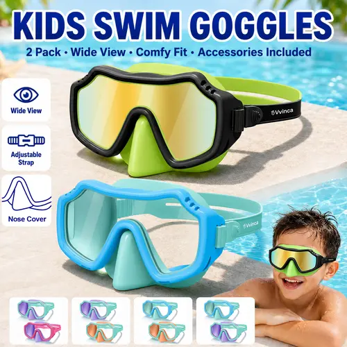 [BackToSchool] Vvinca 2 Pack Kids Swim Goggles with Nose Cover for 3-15,Kids,Youth,UV Protection Anti-Fog Shatterproof Waterproof Diving Mask for Boys and Girls - Safety anti-uv swimming goggles swim glass anti-fog for Lake,Beach, Summer Party, Swim Glass