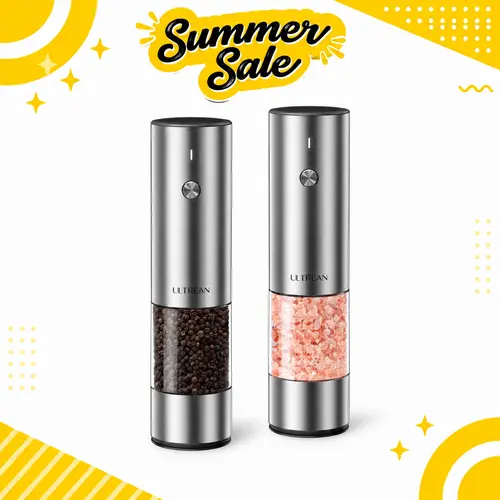 Ultrean 2PCS Rechargeable Electric Salt & Pepper Grinder Sets - LED Light, 6-Setting Adjustable Grind Size, 1-Button 1-Hand Operation, Stainless Steel Kitchen Gadgets Seasoning Utensils Salt Pepper Shaker for Home Kitchen & BBQ Gift, 6 Levels