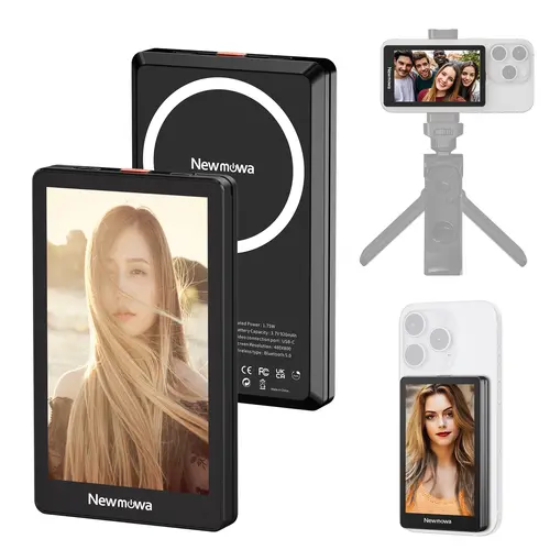Newmowa Black Magnetic Phone Vlog Selfie Monitor Screen - 1080P Wireless Recording, Using Phone Rear Camera for Selfie Vlog Live Stream TikTok Instagram, Compatible with iPhone＆Samsung (Support 4K 30fps Wired Recording), Smartphone