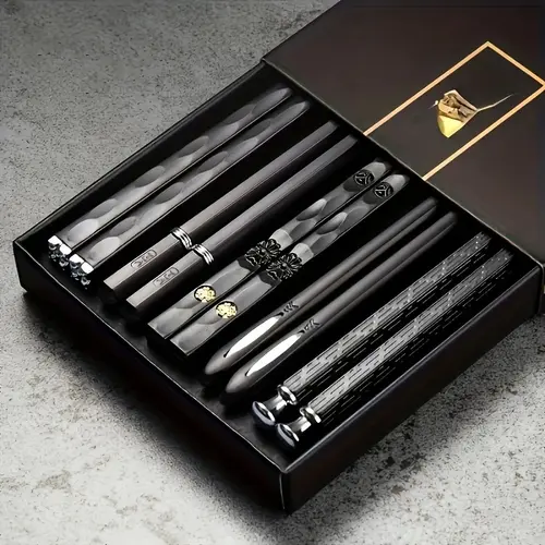 Reusable Fiberglass Finger Chopsticks Set - 5-Pair, 9.5 in, Stainless Steel Core Metal Cutlery, Non-Plastic, Textured Non-Slip Ergonomic Handle, Lightweight, Dishwasher-Safe, Modern Traditional Tableware, Kitchenware, Perfect Gift for Birthdays, Home Use