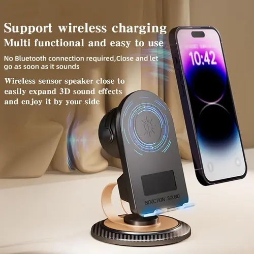 2026 New 4 In 1 Portable Multifunctional Cordless Electronic Induction Wireless Rechargeable Stand Speaker with Bluetooth 5.3, 15W Wireless Charger, 360° Rotatable Table Phone Holder with Light, 500mAh, for Smartphone, Cellphone, Mobile Devices