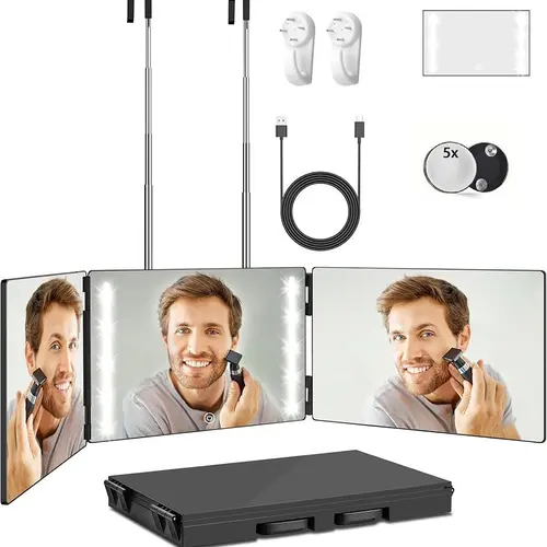 LED Lighted Rectangle Glass Mirror - 3-Way Dimmable Light for Detail, Rechargeable Multi-Way Wall-Mounted/Door-Mounted Mirror for Self Hair Cutting, USB Charging Option (With or Without LED)