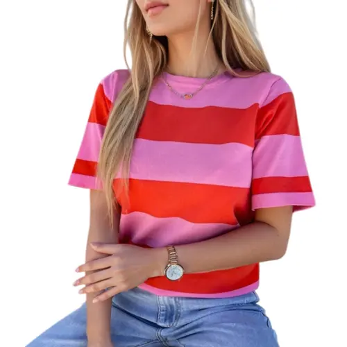 Asvivid Women's Summer Tops Bright Pink Colorblock Striped Ribbed Knitted Round Neck T Shirt Stripe Top Casual Womenswear Tshirt sohochic