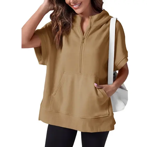 FISOEW Women's Oversized Half-Short Sleeve Comfortable Kangaroo Pockets Aesthetic Everyday Pullover Sweatshirt - Denim Tear Graphic, Pink Palm Design, Loose Fit for Fall Pairing with Jeans, Leggings, Slit Overalls, Joggers
