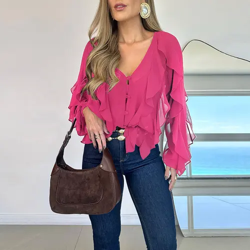 CHICME 2026 Women's V Neck Shoulder Asymmetrical Ruffles Blouse Casual Button Front Long Sleeve Top Elegant Chiffon Womenswear