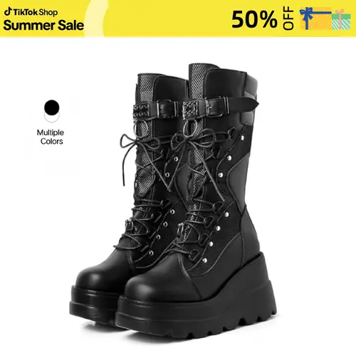 Women's Goth Platform Boots - Chunky Wedge Heel, Lace-Up, Zipper Fast Entry, Round Toe, Mid-Calf - Goth Combat Vibe, Gothic Look, Platform Lift Boost, Steadier Wedge Lift for Concert Festival