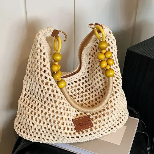 Women's Elegant Crochet Crossbody Shoulder Bag with Wooden Bead Decor, High-Quality Fashion Crossbody Purse, Casual Trendy Bag