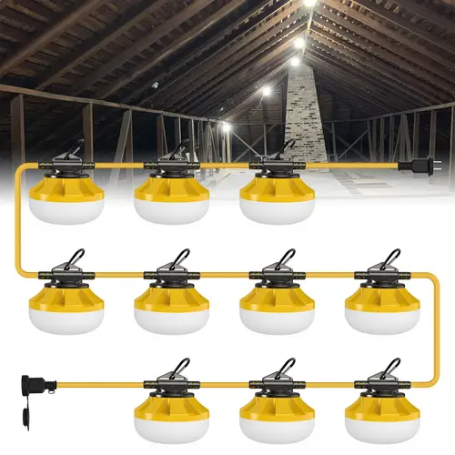 HYPERLITE Super Bright LED Outdoor Waterproof Work String Lights - 50FT/100FT, 5/10 Bulbs, Climbing Snap Hooks, IP65 Rating, 110-120V Linkable Sets, Efficient LEDs Save Power on Site, Distribute Light Across Area, for Workshop, Crawlspace, Basement