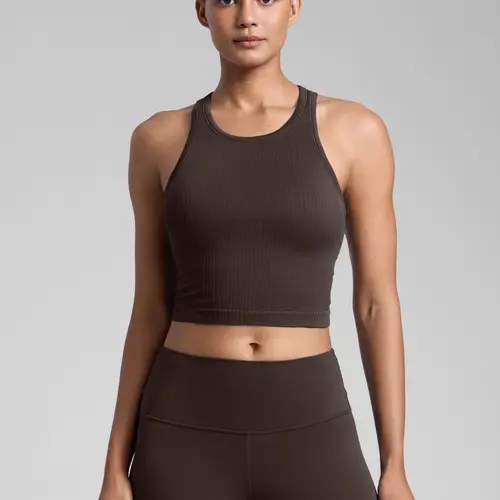 CRZ YOGA Womens Seamless Ribbed Longline High Neck Sports Bra - Racerback Padded Slim Fit Crop Tank Top with Built in Pads
