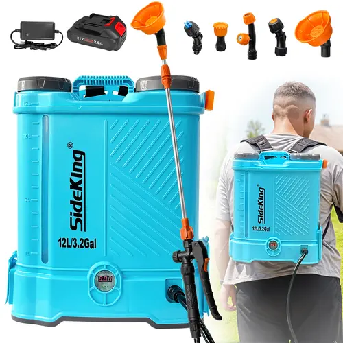 【DealsForYouDays】SideKing Portable High-Pressure Electric Backpack Garden Sprayer - 3.2 Gal, 80 PSI Battery-Operated Tool with 2.0 Ah Battery, Charger, Telescopic Wand, 5 Nozzles for Outdoor Gardening