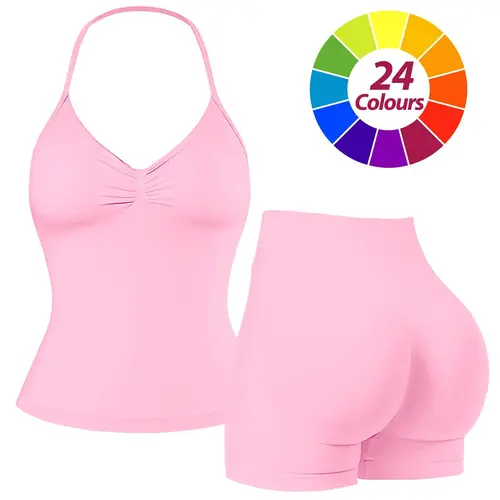 RICH BRIA Women's Slim-Fitting Impact Halter Tank Top & High Waist Shorts 2-Piece Gym Workout Set, Breathable Comfortable Women's Clothes for Yoga & Fitness Summer Activewear
