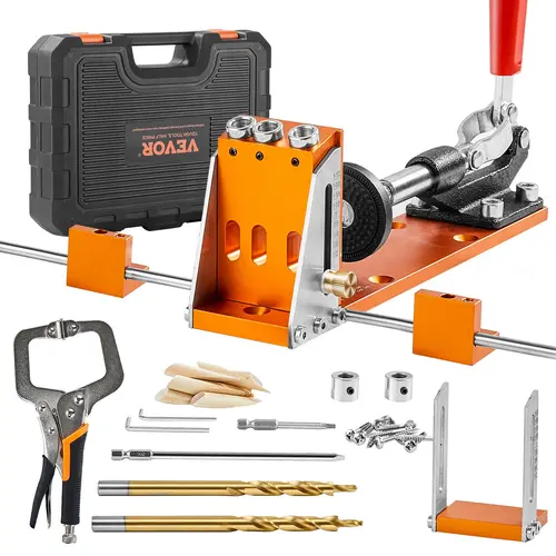 【summerfinds】VEVOR Pocket Hole Jig Kit, 34 Pcs Pocket Hole Jig System with 11" C-clamp,  Fixture, Step Drills, Wrenches, Drill Stop Rings, Square Drive Bits, Toolbox, Adjustable, for DIY Carpentry Projects, Hand Tools Kits, Multifunctional Tool Kit,fat, T