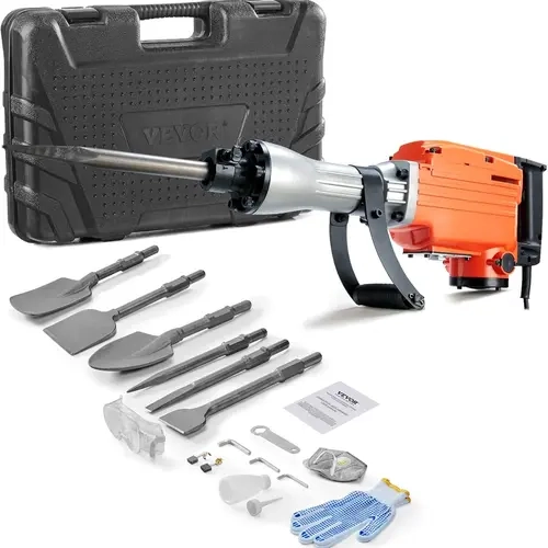 VEVOR 2000W Motor Demolition Jack Hammer Concrete Breaker, Portable Electric Corded Hammer Drill with 6 Chisel Bits, Aluminum Body for Professionals, Work Tools for Pipeline Projects, Various Specifications